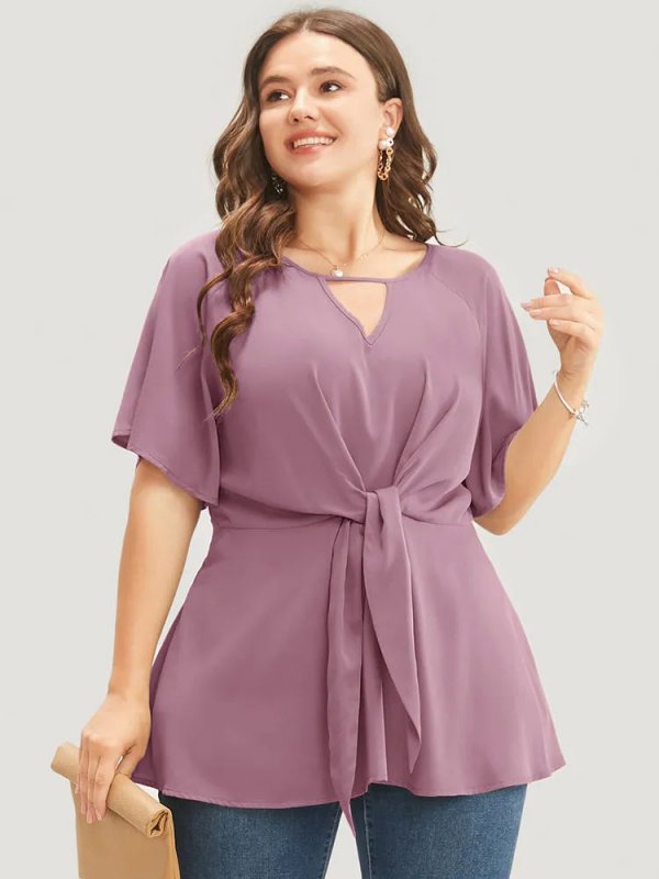 Plain Keyhole Knotted Front Ruffle Sleeve Blouse