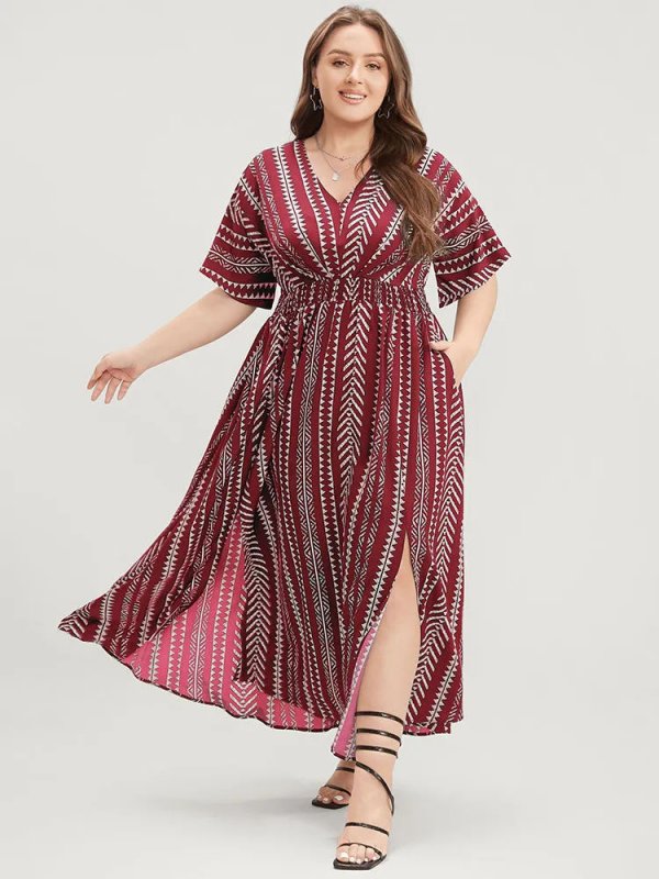 Solid Geometric Dolman Sleeve Pocket Shirred Split Hem Dress