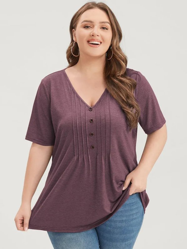 Solid Pleated Front Button Detail V Neck T-shirt
