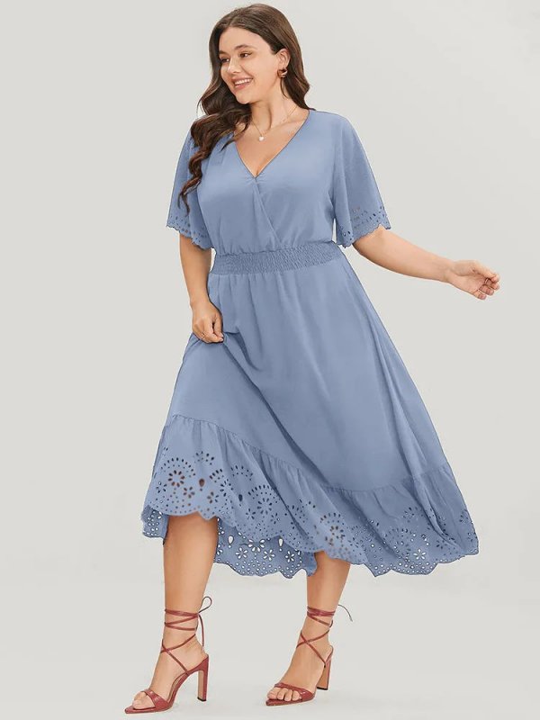 Solid Laser Cut Shirred Pocket Wrap Scalloped Trim Flutter Dress