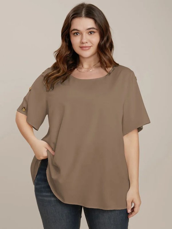 Plain Round Neck Button Detail Blouse