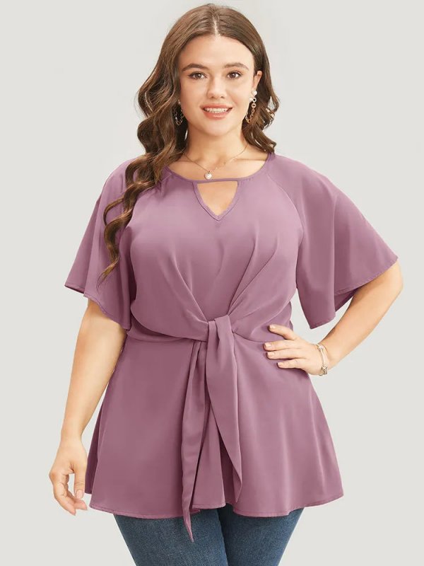 Plain Keyhole Knotted Front Ruffle Sleeve Blouse