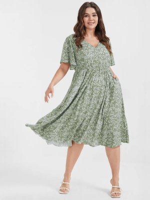 [Hot Sale] Ditsy Floral Elastic Waist Ruffles Pocket Knee Dress