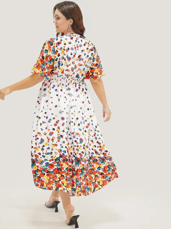 Floral Printed Pocket V Neck Shirred Split Hem Dress
