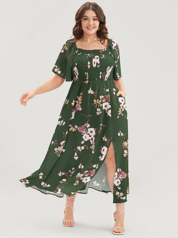 Floral Square Neck Ruffles Pocket Shirred Split Dress