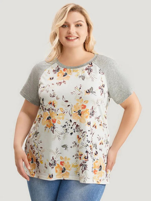 Floral & Butterfly Print Raglan Sleeve  T-shirt