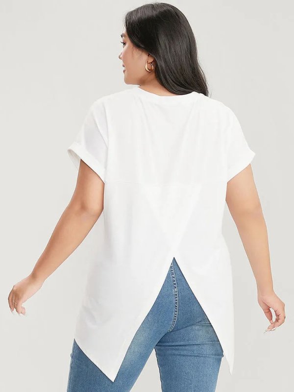 Solid Round Neck Crossover Back T-shirt