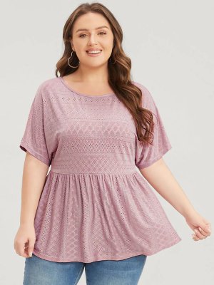 Plain Round Neck Broderie Anglaise Ruffles T-shirt