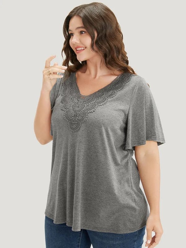 Solid Ruffle Sleeve Lace V Neck T-shirt