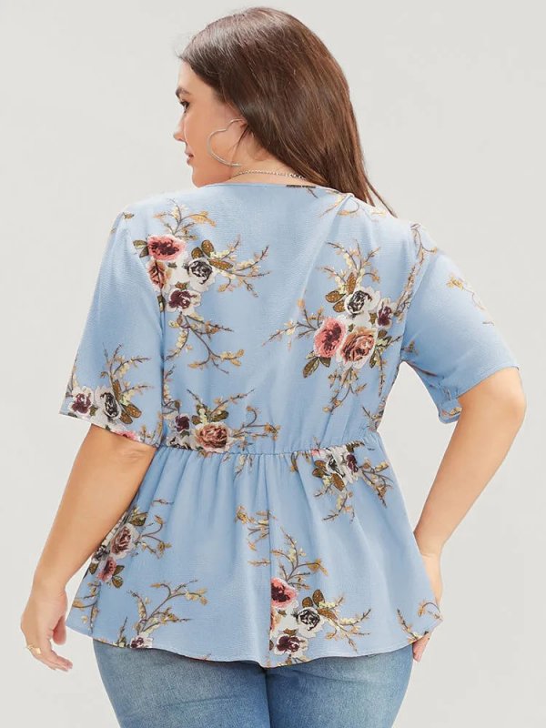Floral Print Wrap Ruffles Asymmetrical Hem Blouse