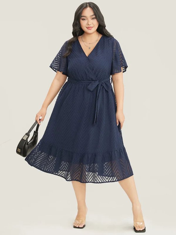 Plain Geometric Pocket Mesh Ruffle Sleeve Belted Wrap Dress