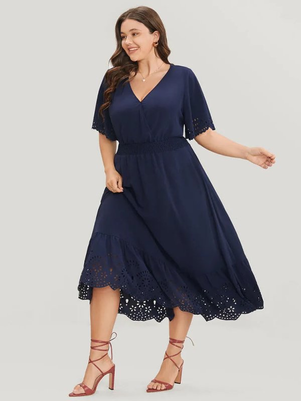 Solid Laser Cut Shirred Pocket Wrap Scalloped Trim Flutter Dress