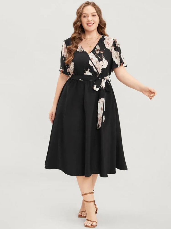 Floral Printed Pocket Ruffles Surplice Neck Belted Midi Dress