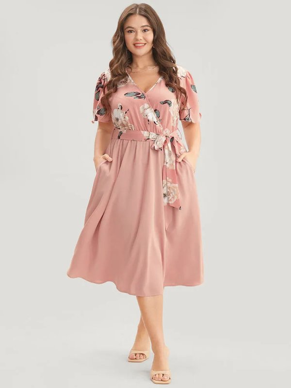 Floral Printed Pocket Ruffles Surplice Neck Belted Midi Dress