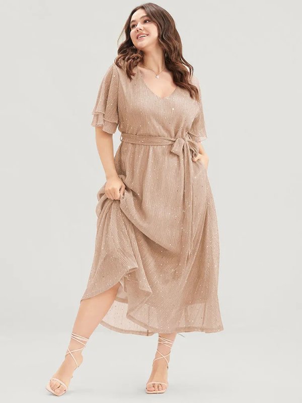Plain V Neck Mesh Pocket Ruffle Tiered Belted Midi Dress