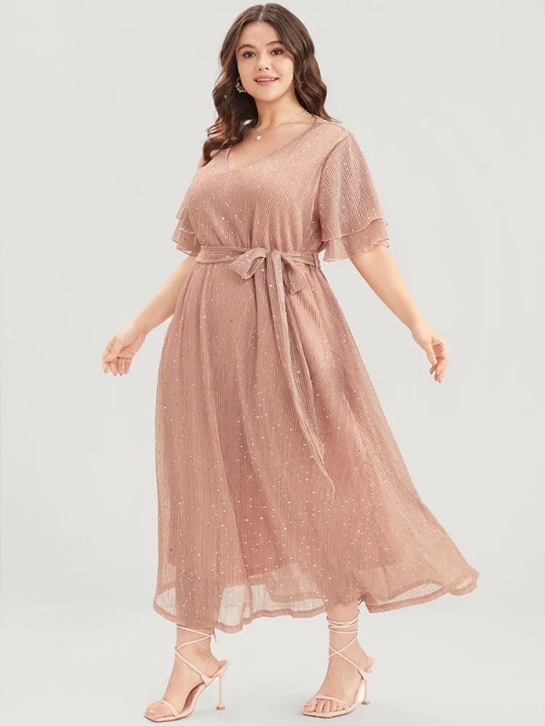 Plain V Neck Mesh Pocket Ruffle Tiered Belted Midi Dress