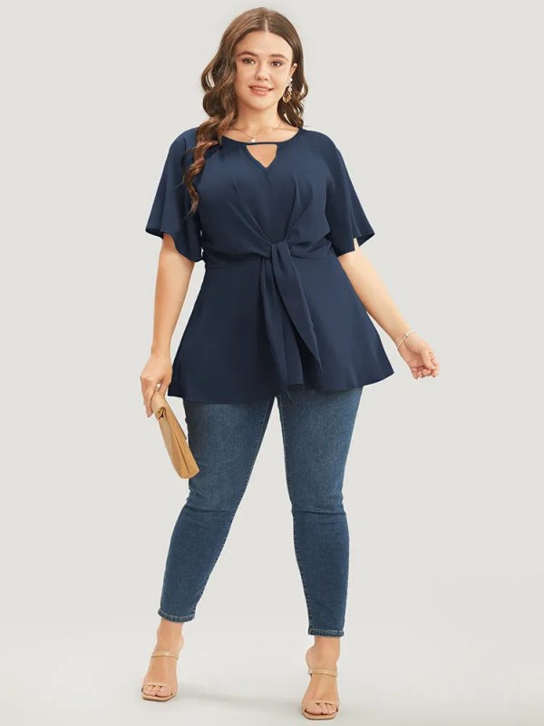 Plain Keyhole Knotted Front Ruffle Sleeve Blouse