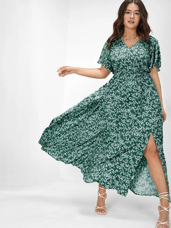 [Hot Sale] Flutter Sleeve Ditsy Floral Pocket Split Maxi Dress