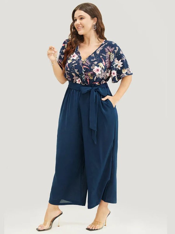 Floral Patchwork Wrap Belted Pocket Jumpsuit