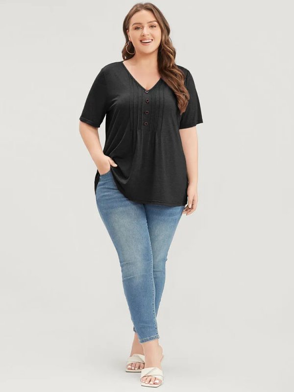 Solid Pleated Front Button Detail V Neck T-shirt