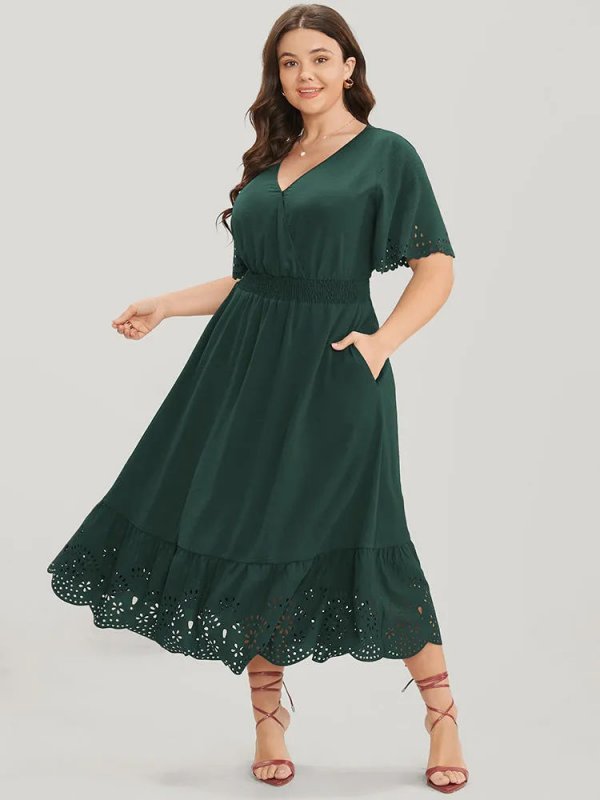 Solid Laser Cut Shirred Pocket Wrap Scalloped Trim Flutter Dress