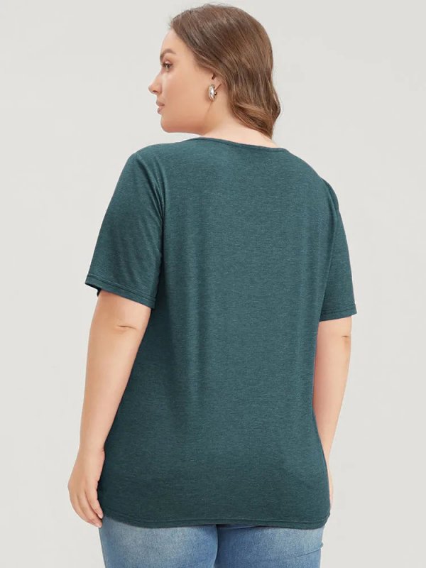 Solid Pleated Front Button Detail V Neck T-shirt