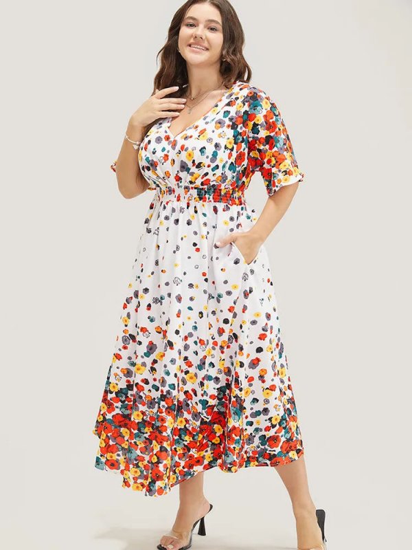 Floral Printed Pocket V Neck Shirred Split Hem Dress