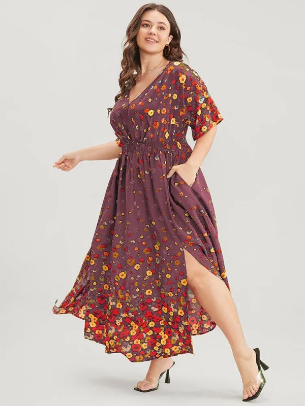 Floral Printed Pocket V Neck Shirred Split Hem Dress