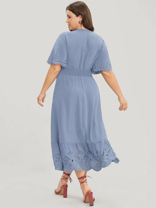 Solid Laser Cut Shirred Pocket Wrap Scalloped Trim Flutter Dress