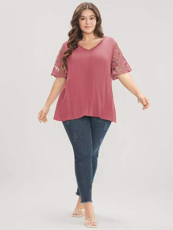 Plain V Neck Floral Patchwork Blouse