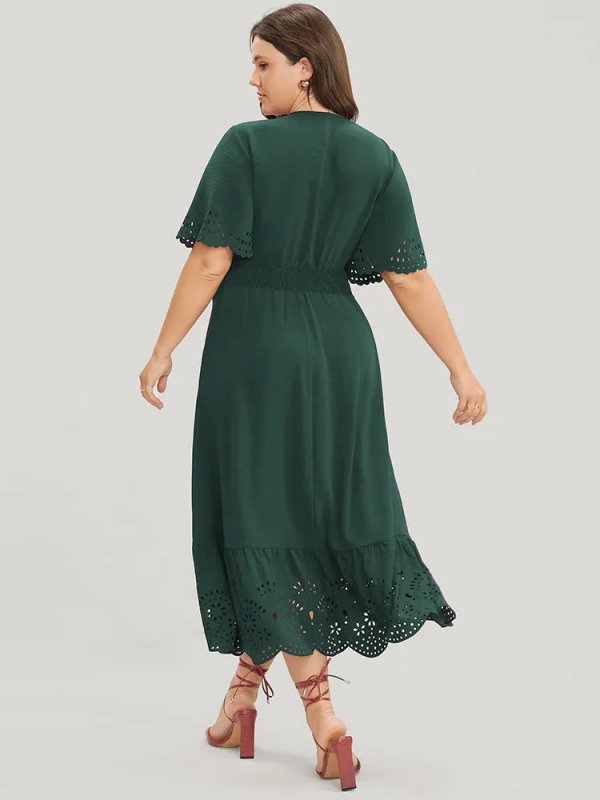 Solid Laser Cut Shirred Pocket Wrap Scalloped Trim Flutter Dress