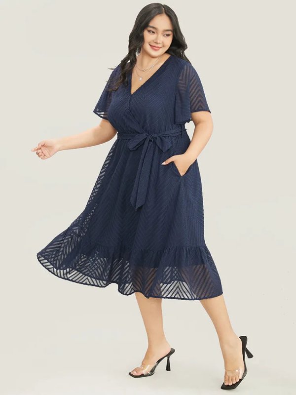 Plain Geometric Pocket Mesh Ruffle Sleeve Belted Wrap Dress