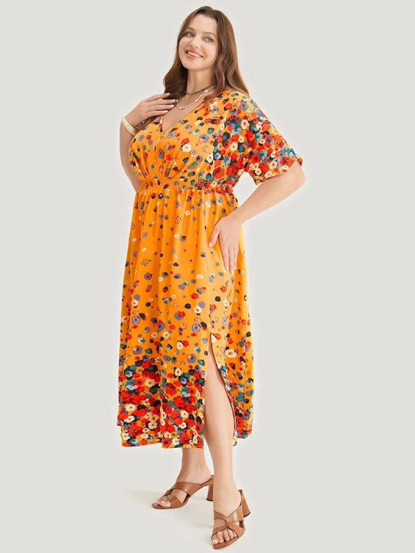 Floral Printed Pocket V Neck Shirred Split Hem Dress