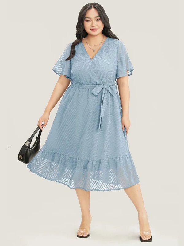 Plain Geometric Pocket Mesh Ruffle Sleeve Belted Wrap Dress