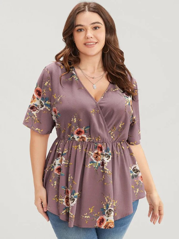 Floral Print Wrap Ruffles Asymmetrical Hem Blouse