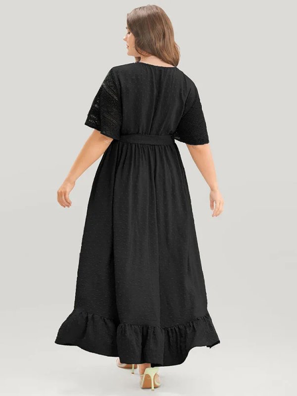 Solid Wrap Pocket Belted Contrast Lace Ruffle Trim Maxi Dress
