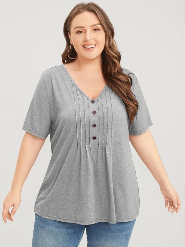 Solid Pleated Front Button Detail V Neck T-shirt