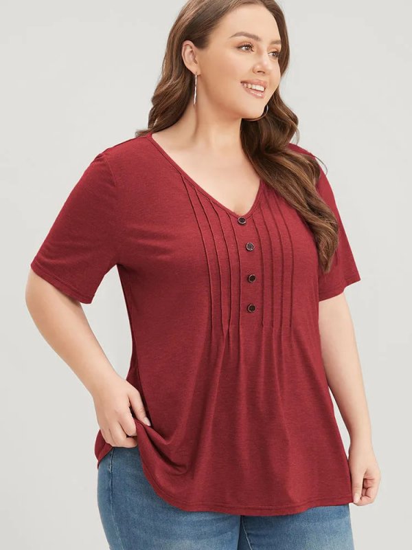 Solid Pleated Front Button Detail V Neck T-shirt