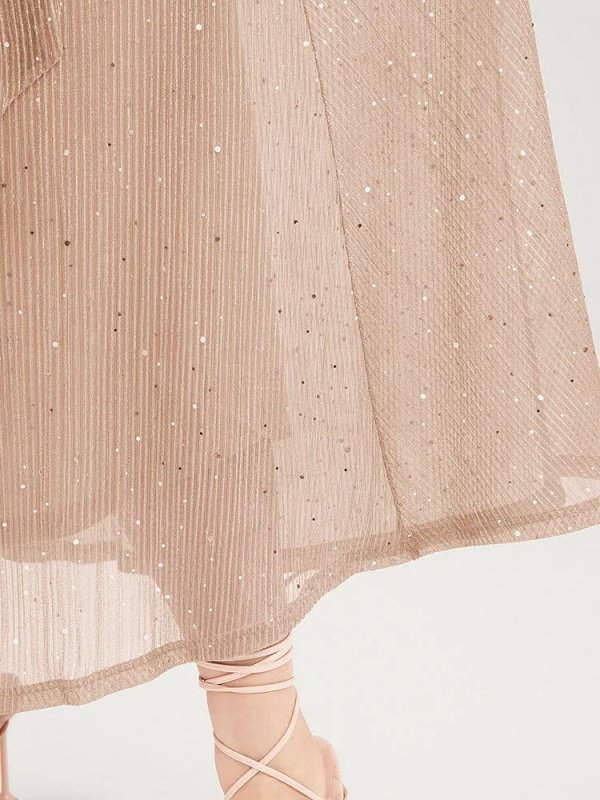 Plain V Neck Mesh Pocket Ruffle Tiered Belted Midi Dress