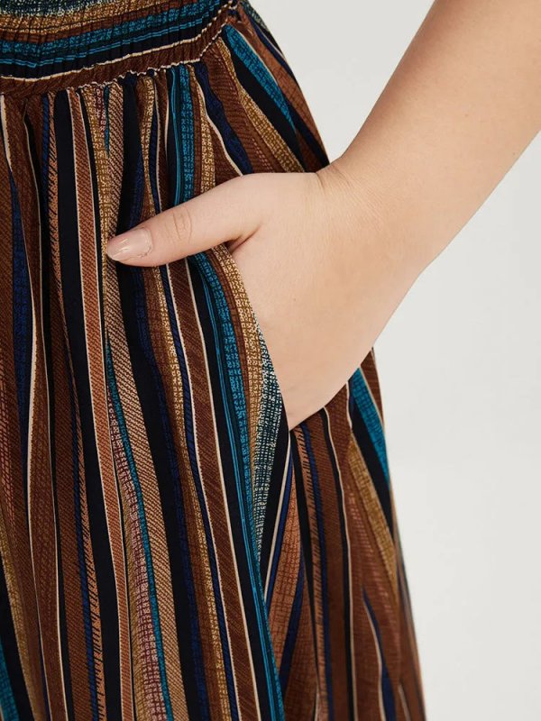 Striped Contrast Dolman Sleeve Shirred Pocket Split Flutter Dress