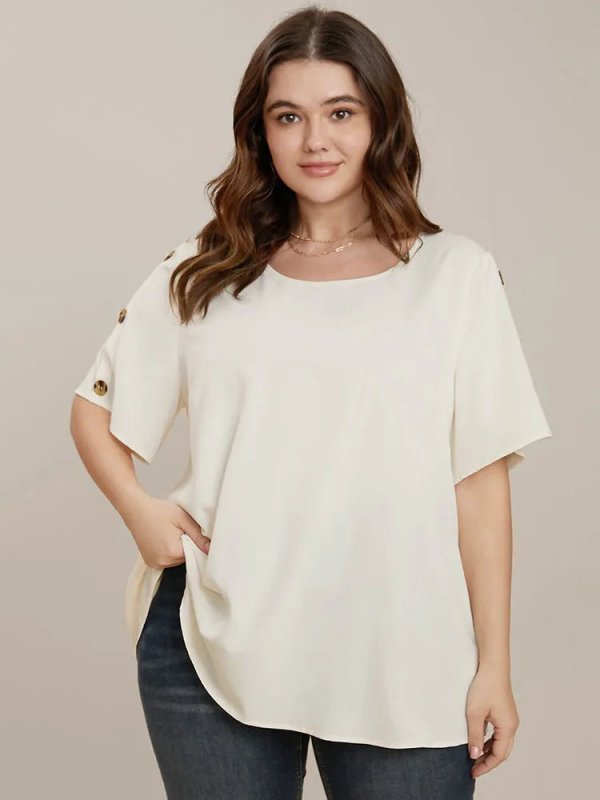 Plain Round Neck Button Detail Blouse