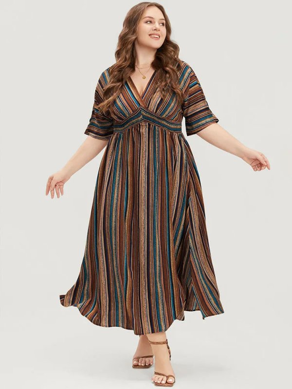 Striped Contrast Dolman Sleeve Shirred Pocket Split Flutter Dress